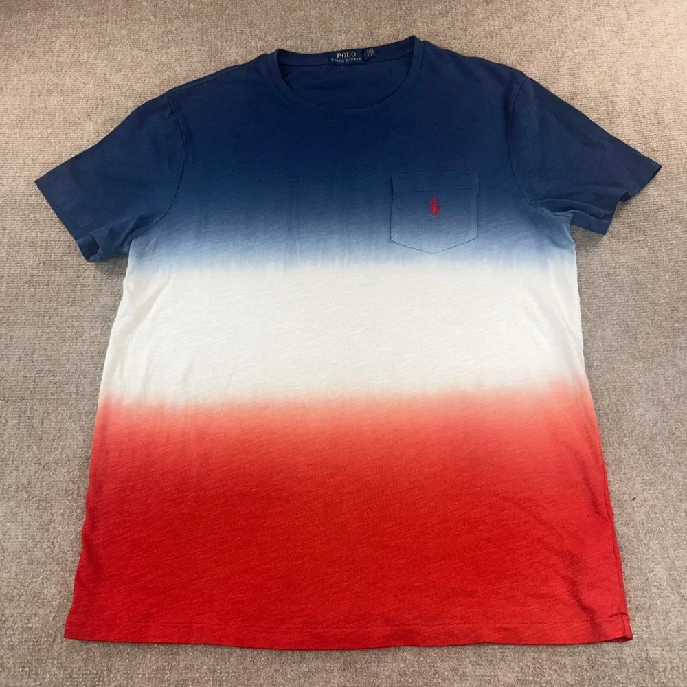 Polo Ralph Lauren Mens Ombre Dip Dye Pocket T-Shirt Red White Blue Large
